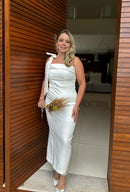 Vestido Lana - Vestido Branco Alfaiataria Midi com Laço