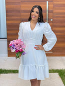 Vestido Malu - Vestido Off White Curto Manga Longa Branco