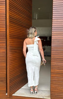 Vestido Lana - Vestido Branco Alfaiataria Midi com Laço