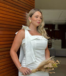 Vestido Lana - Vestido Branco Alfaiataria Midi com Laço