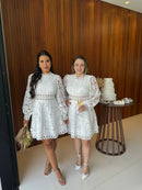 Vestido Sofia - Vestido Branco Curto Manga Longa Renda Guipir Branco