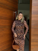 Vestido Onça Midi Tule Manga Longa
