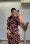 Vestido Onça Midi Tule Manga Longa