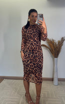 Vestido Onça Midi Tule Manga Longa