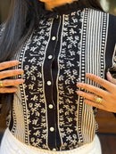 Camisa Giovanna Preto Feminina em Tricot com Botões de Brilho