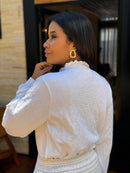 Camisa Giovanna Branco Feminina em Tricot com Botões de Brilho