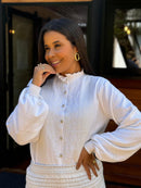 Camisa Giovanna Branco Feminina em Tricot com Botões de Brilho