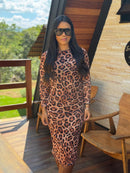 Vestido Onça Midi Tule Manga Longa